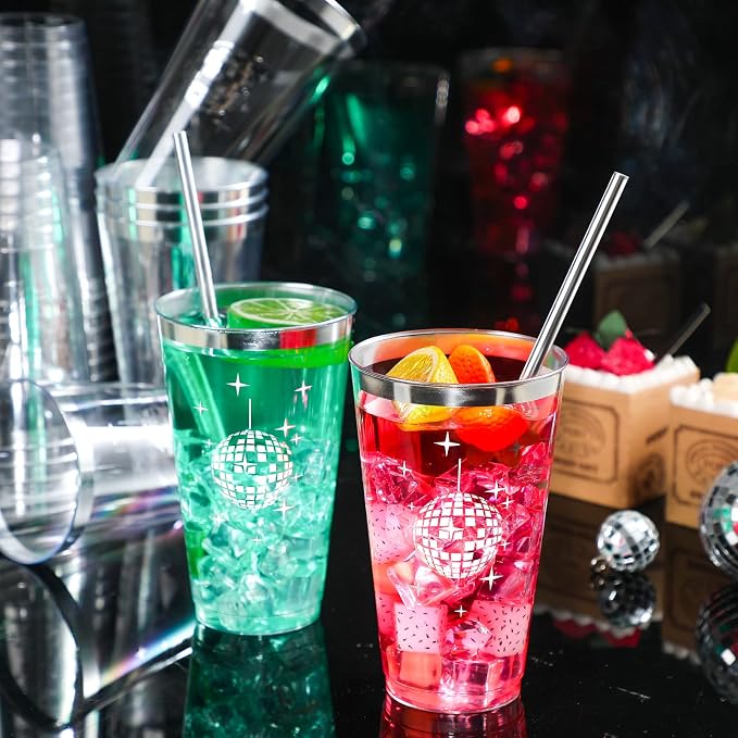 Funtery Disco Ball Cups Bulk 16oz Disposable Disco Plastic Cups Supplies 70s 80s 90s Party Hot and Cold Drinks for Bachelorette Wedding Picnic Supplies(100 Pcs)