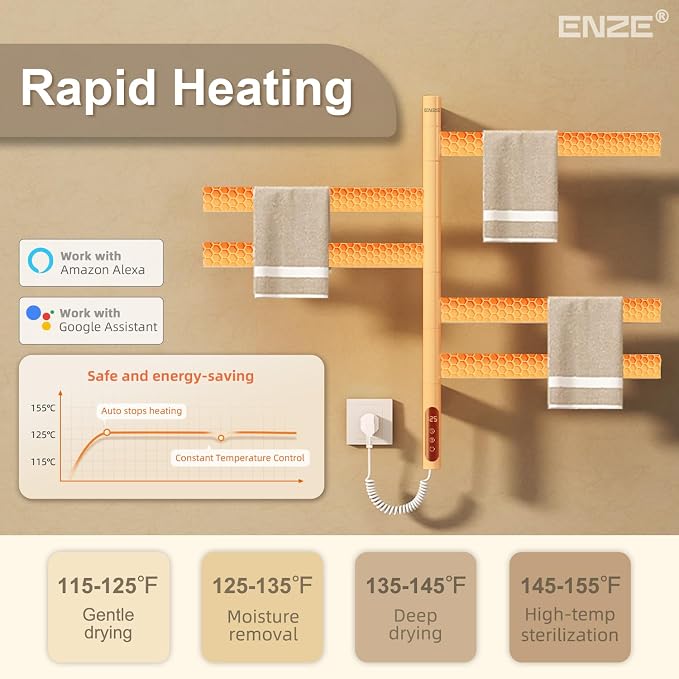 ENZE Smart Rotating Heated Towel Rack for Bathroom, 5-Bar Wall-Mounted Electric Towel Warmer with Swivel Bars, Wi-Fi App Control, 24H Timer, Stainless Steel, IPX5, Hardwired/Plug-in, White