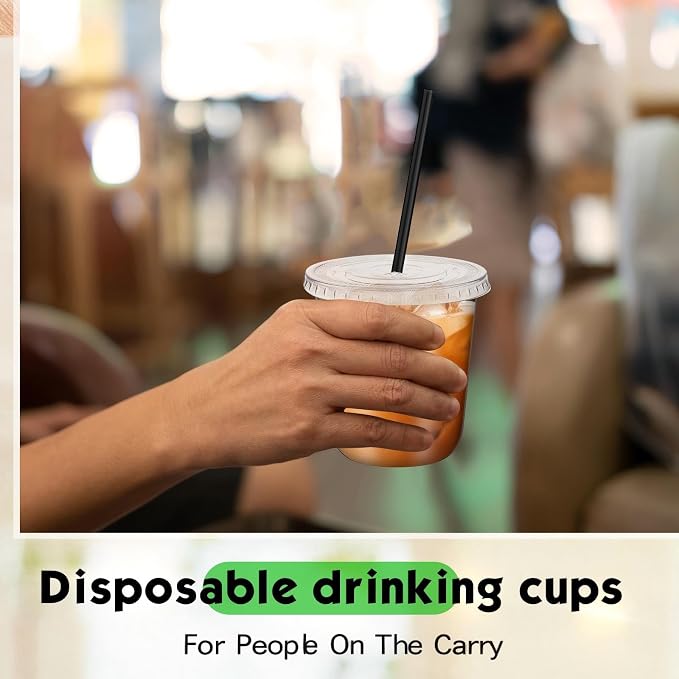 Ziliny 100 Set Clear Plastic Cups with Lids and Straws, Disposable Iced Coffee PET Cups for Drinking Cold Beverage Juice Parfait Smoothie Milkshake Coffee Shops Party Supplies (12 oz)
