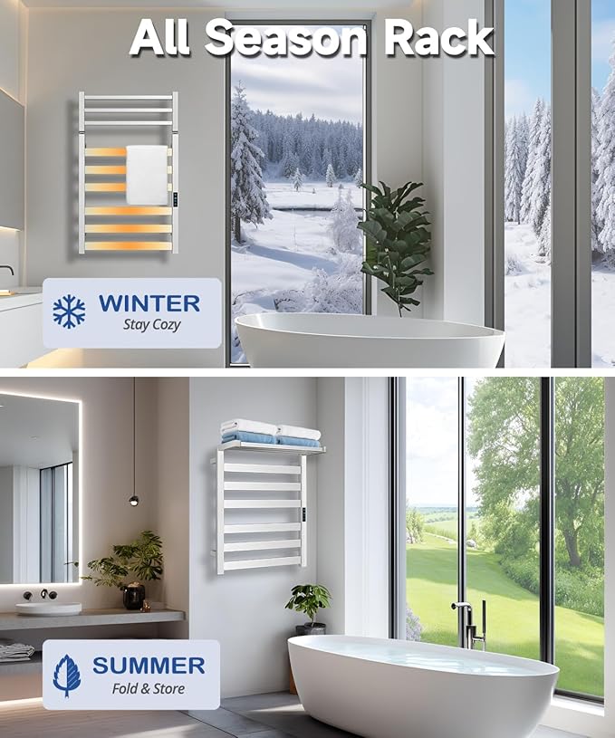 WiFi Heated Towel Rack Wall Mounted, Electric Towel Warmer with Foldable Bracket, Stainless Steel, LED Built-in Timer, Plug-in, Temperature & Timing Control, 6 Bars, Brushed Nickel
