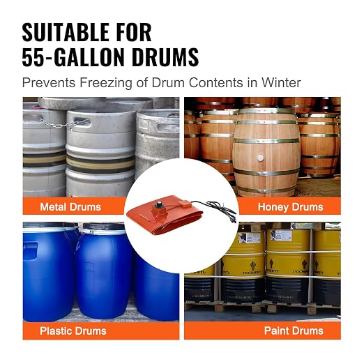 VEVOR Metal Drum Heater, 1200 Watt 10" Width, Pail Heating Band for 55 Gallon Barrel, 86-302℉ Adjustable Thermostat, High Efficiency Silicone Grease Keg Heater, Tested to UL 499 Standard, FCC Listed