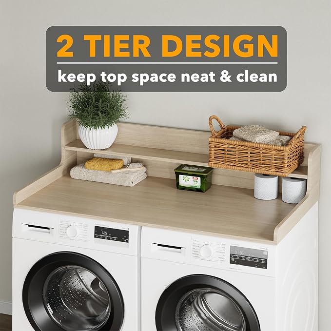 SpaceAid Washer Dryer Countertop with 2-Tier Shelf, Wood Topper with Edge, 54" Width x 27.5" Depth Cover Organizer Guard for Washer and Dryer Counter Laundry Hamper Storage (Oak)