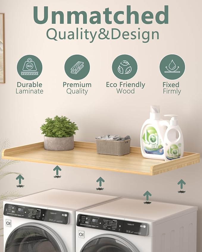 Piskyet Washer Dryer Countertop,Laundry Countertop with Edge Rails,27.5" Depth x 54" Wood Countertop for Washer Dryer,Laundry Machine Topper for Laundry Room Organization (Original Wooden Color)
