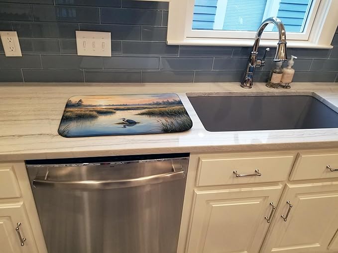 Caroline's Treasures Wetland Wonders Blue Heron Dish Drying Mat Absorbent Dish Drying Mat Pad for Kitchen Counter Dish Drainer Mat for Countertop, 14 x 21", Multicolor