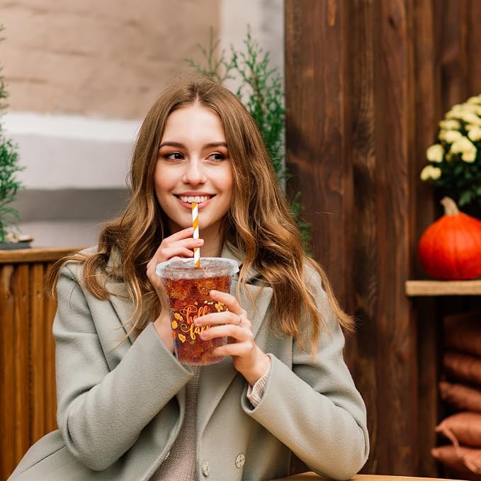 Whaline 50 Pcs 12 Oz Hello Fall Plastic Cups with Lids and Straws Autumn Maple Leaves Cold Beverage Drinking Cup for Harvest Thanksgiving Party Supplies
