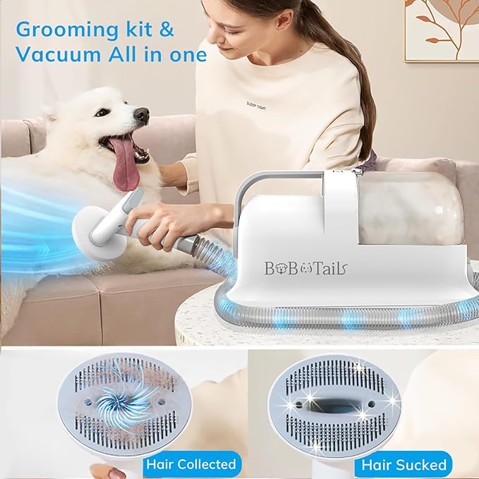 Pet Grooming Vacuum Kit, 1.5L Dust Cup Dog Grooming Vacuum 8 in 1, Dog deshedding Brush with Clipper Low Noise Mess-Free for Shedding Pet Hair, Home Cleaning (White)
