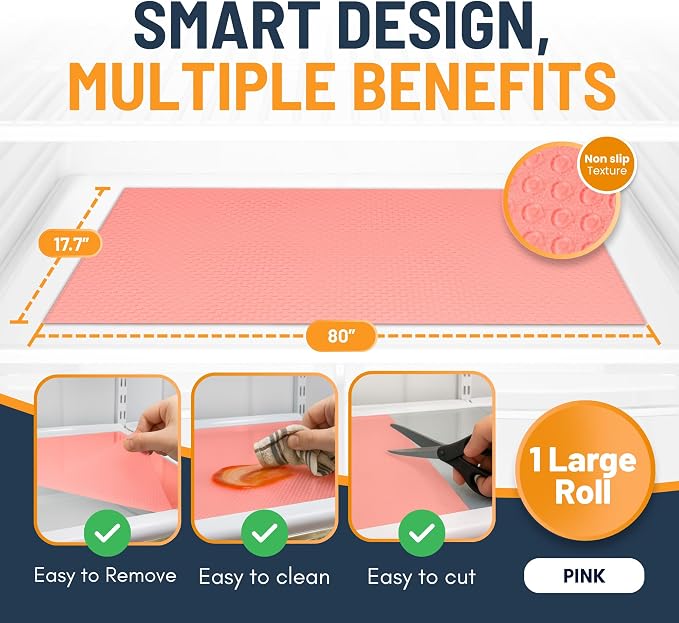 Refrigerator Liners for Shelves by Linda’s Essentials - Easy to Clean Fridge Liner with Spill Protection Fridge Shelf Liners & Drawer Liner, Nonslip BPA-Free Refrigerator Mats (Pink Roll)