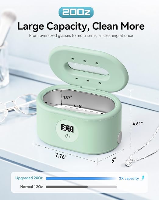BYASKZIV Ultrasonic Cleaner, 48KHz Ultrasonic Jewelry Cleaner with 20oz 304 Stainless Steel Tank, Dual Modes & LED Display - for Jewelry, Eyeglasses, Watches, Dentures, Retainers & More-Green