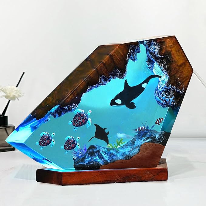 Killer Whale Ocean Resin Lamp, Handmade RGB Ocean Lamp with Wooden Base,Resin Art Lamp for Home Office Decor,Ocean Gifts for Women or Men,Unique Birthday Holiday Gifts for Mom Dad(S 6"X4")
