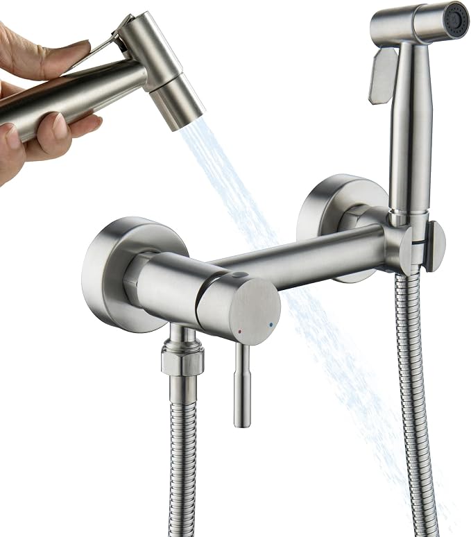 Warm Water Bidet Sprayer for Toilet with Hot and Cold Mixing Valve, Stainless Steel Wall Mount Round Handheld Bidet Attachment Set, Brush Nickel