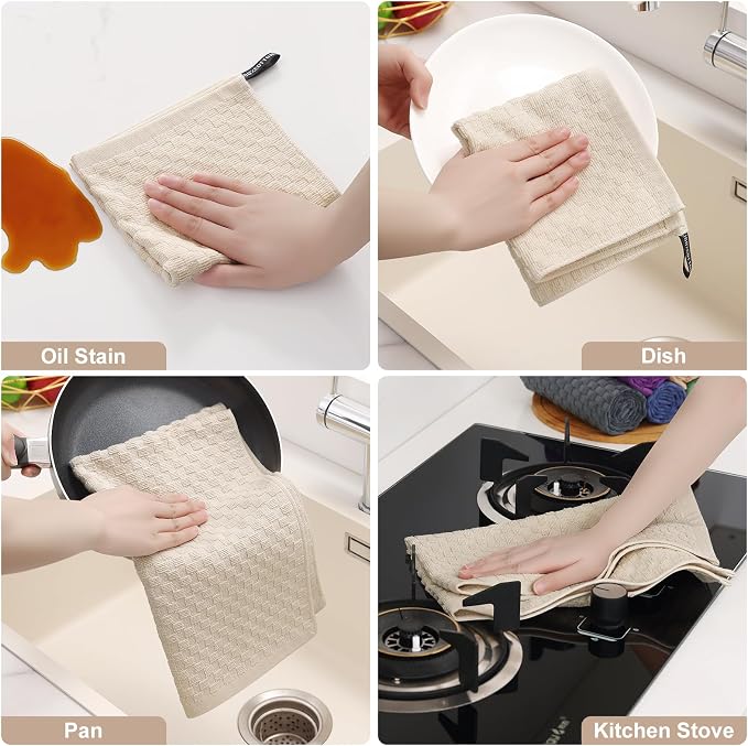 Homaxy 100% Cotton Kitchen Towels and Dishcloths Set, 12 x 12 & 15 x 25 Inches, Set of 16 Bulk Terry Cloth Dish Towels, Super Soft and Absorbent Hand Towel with Hanging Loop, Beige