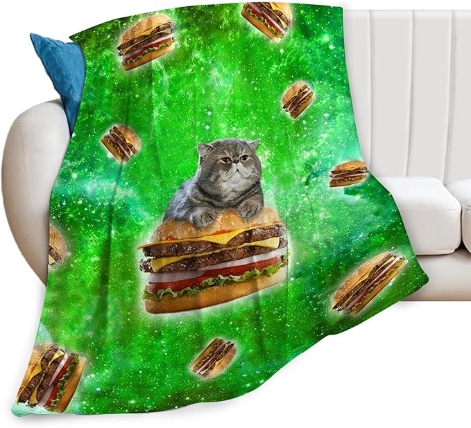 Tijuboni Hamburger Cat Throw Blanket Funny Cat Gifts for Girls Boys Women Men Kids Adults Soft Flannel Fleece Blanket for Couch Sofa Bed Home Decor 60"x80"
