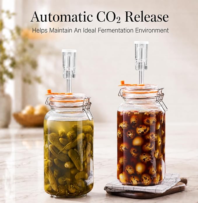 2L Wide Mouth Fermentation Jars, Pack of 2 Complete Fermenting Kit with Airlocks & Glass Weights for Sauerkraut, Kimchi & Pickles