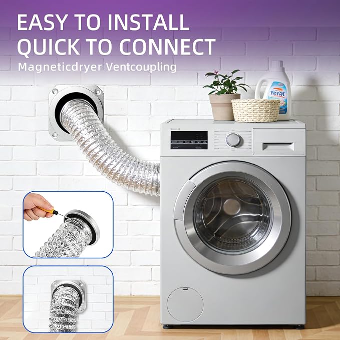 Magnetic Dryer Vent Hose Connector Kit Quick Coupling for Tight Space Including Flexible 3.3ft 4" Duct & two Clamps Easy to Clean for Laundry Room,Apartment Secadora Pipe Connection Exhaust Coupler