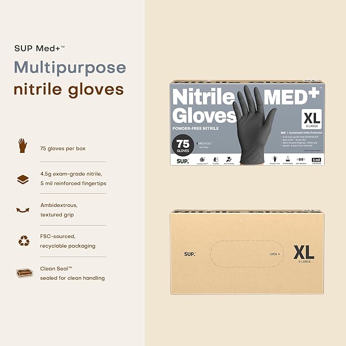 SUP Disposable Nitrile Exam Gloves, 5 Mil Powder-Free Latex-Free Food Safe for Medical Cooking Prep Cleaning, Black 750 Count