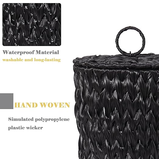 Woven Trash Can with Lid and Liner, 2.6 Gallon Bathroom Garbage Can, Decorative Handwoven Plastic Wicker Waste Basket for Bathroom, Bedroom, Living Room, Office, Home, Black