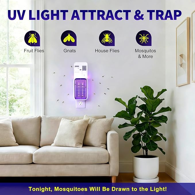 2-Pack Upgraded Fruit Fly Traps for Indoors, Flying Insect Trap for Fruit Flies, Gnats, Plug in Bug Zapper Indoor with Dual-UV Lights & Trapping, Electric Grid & Glue Traps(2 Device & 10 Glue Boards)