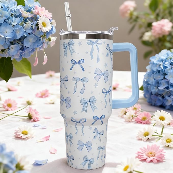 Ceovfoi 40 Oz Blue Bow Tumbler With Handle, Blue Bow Decor Coffee Travel Mug Cup Water Bottle, Gifts for Women Girls