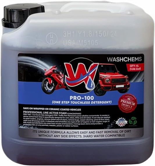 Wash Chems Pro 100 Touchless One Step Car Wash Detergent Soap Concentrate No Brushing 4L (Heavy-Duty) Commercial Grade Professional Auto Active Foam Cleaner