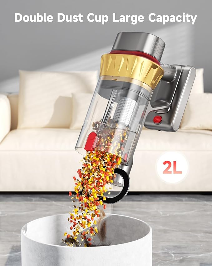 AIPOWAY 650W Cordless Vacuum Cleaner with 55KPa Flagship Suction, 75-Min Extended Runtime 2.5L Dual-Cup Capacity, Anti-Tangle Brush & Self-Standing Design HEPA Filtration for Furniture Carpet Pet Hair