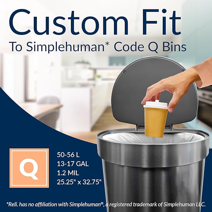 Reli. SuperFit Code Q (120 Count) | Compatible with Simplehuman Code Q | Dispenser Pack Custom Fit Liners | Drawstring Trash Bags | 50-65 Liter / 13-17 Gallon | White