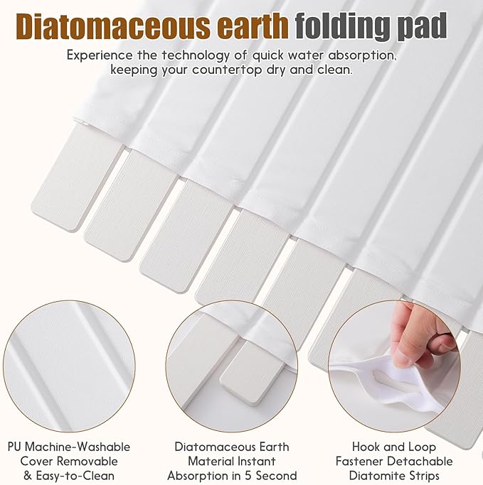 Dish Drying Mat，Stone Drying Mat for Kitchen Counter，Heat Resistant and Super Absorbent Foldable Bath mats,Made of Diatomaceous Earth and Leather.24.8"×15.7" White