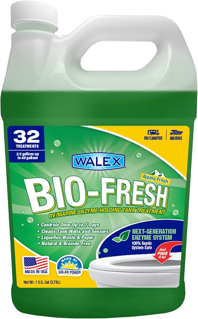Walex Bio-Fresh Liquid Enzyme Holding Tank Treatment for RV, Camper & Marine - Black Water Tank Deodorizer, Liquifies Waste & Toilet Paper, Septic Tank Safe, Biocide-Free, Alpine Fresh, 1 Gallon