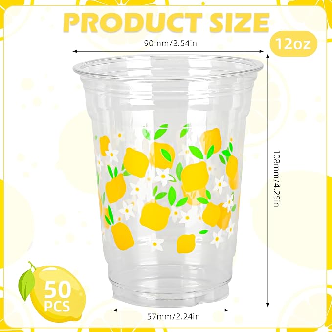 AimFun 50 Pcs Lemon Plastic Cups Summer 12 oz Disposable Party Clear Cups for Tropical Luau Party Hawaiian Theme Birthday Wedding Bridal Baby Shower Beverage Supplies