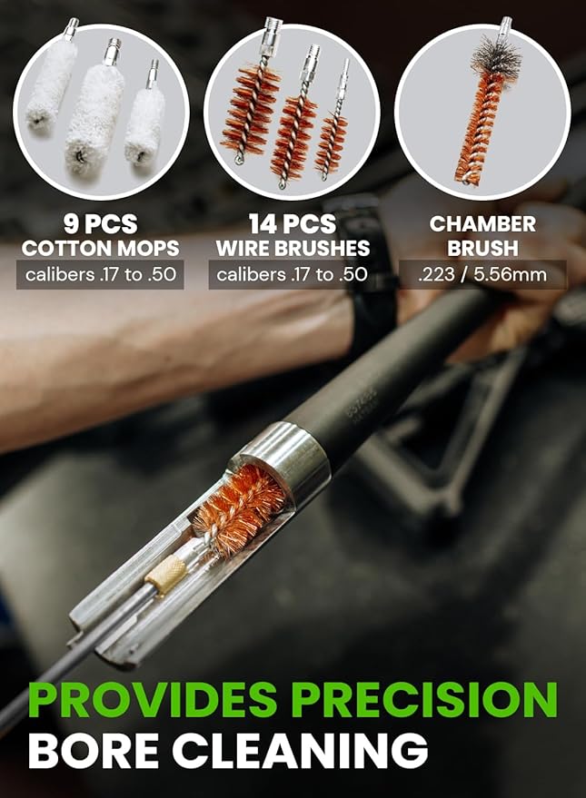 Universal Gun Cleaning Kit for All Guns - Portable Gun Cleaning Kits for Handguns and Rifles, Shotgun, Airsoft - Incl. Stainless Steel Rods, Brass Jags, Gun Cleaning Patches, Cleaning Swabs
