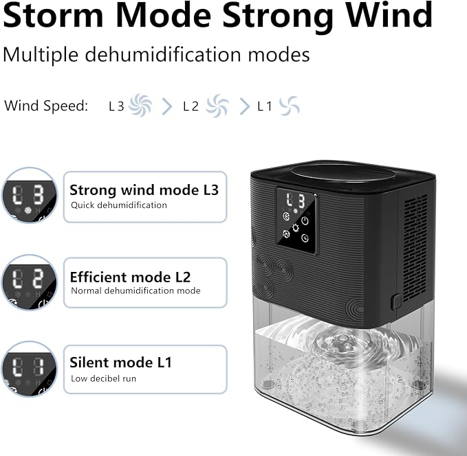MTOX Dehumidifier, 3L/105oz Water Tank, 1100ml/Day, Dehumidifier for Bathroom Bedroom Basement RV, Ultra-Quiet 28dB Sleep Mode, Auto Shut-Off, Auto Defrost, 7-Color LED Light, Digital Display (Black)