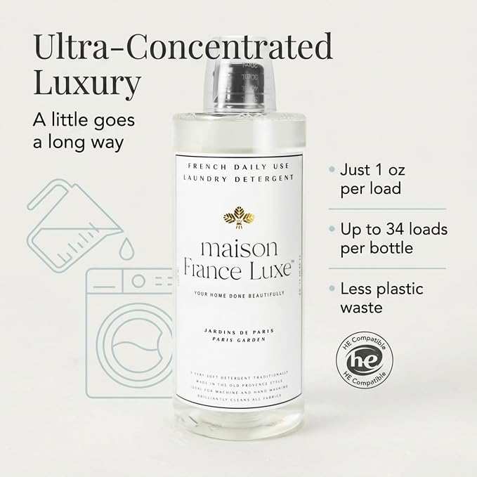 French Laundry Detergent, Plant Based Laundry Soap With Olive Oil and Coconut Oil for Machine or Hand Wash, Daily Use Formula for Colors and Whites, Paris Garden, 34 Fl Oz