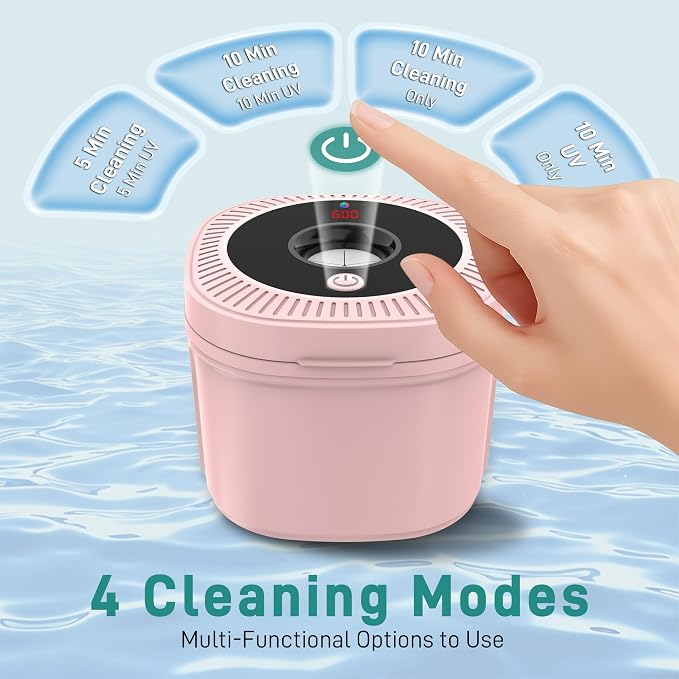 Ultrasonic Retainer Cleaner, Dental Cleaning Pod with U-V Lights, 45kHz Retainer Cleaner Machine for Dentures, Toothbrush Heads, Jewelry, Aligner, Night Mouth Guards (Pink)
