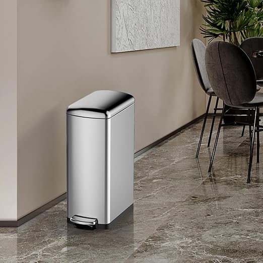 GarveeHome 8 gal Slim Rectangular Stainless Steel Trash Can with Soft Close Lid and Removable Bucket for Kitchen, Bathroom, Office, Silver