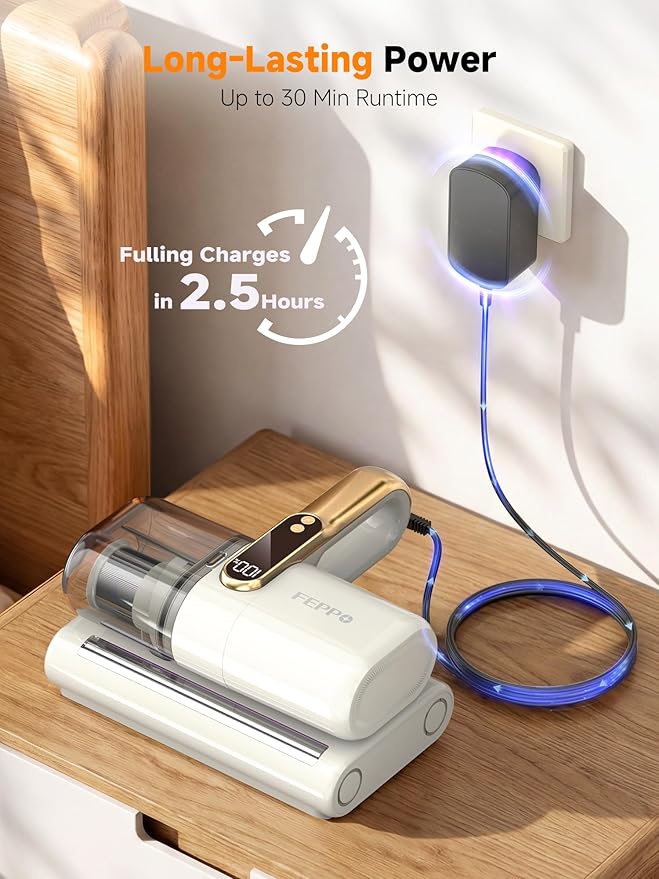 FEPPO Cordless Mattress Vacuum Cleaner, 18Kpa Bed Vacuum with 253.7nm UV-C Light, Ultrasonic, Dust Sensor & LED Display, 52800 BPM Handheld Vacuums for Bed, Sofa, Couch, Crib