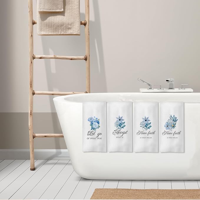 Blue Floral Christian Kitchen Towels, Inspirational Bible Verses Hand Towels for Bathroom Decor, Faith Based Gifts Dish Tea Towels for Kitchen Decor, 16x24 Inch Set of 4