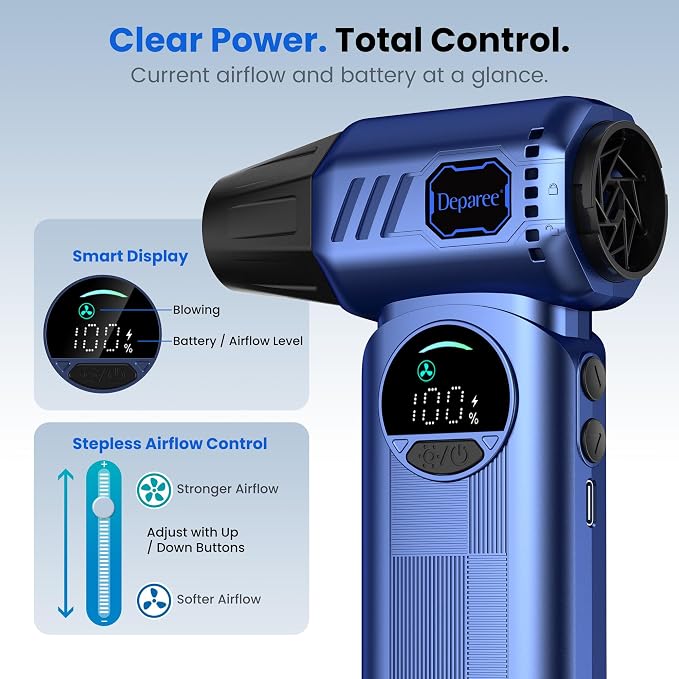 Cordless Electric Air Duster with Brushless Motor, Adjustable Airflow, 8000mAh Rechargeable for PC, Keyboard, Car & Home Cleaning (Blue)