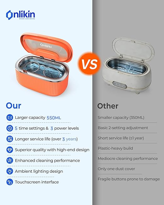 35W Ultrasonic Jewelry Cleaner, 45KHz Retainer Cleaner for Jewelry, 5 Timer & 3 Power Modes, Eyeglasses, Rings, Watch Strap, Dentures - 20oz, 304 Stainless Steel Tank, Quiet <38dB (Orange)