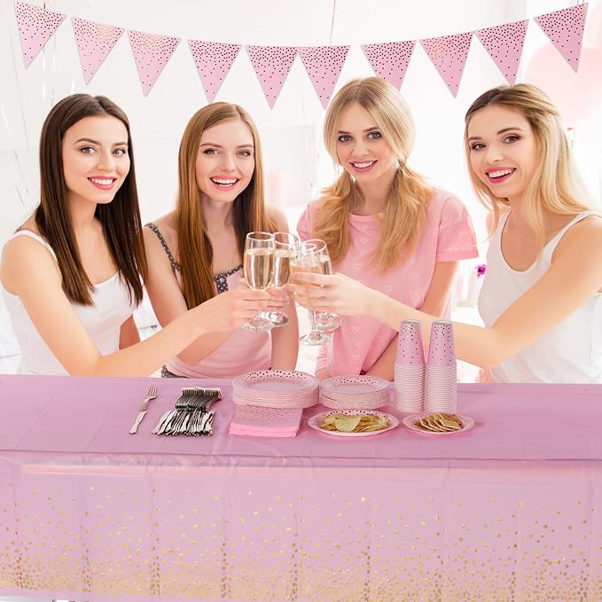 Pink and Gold Party Supplies 145PCS Golden Dot Paper Party Dinnerware Includes Paper Plates, Napkins, Knives, Forks, Cups, Banner, for Bachelorette, Girl Birthday, Baby Shower, Serves 24