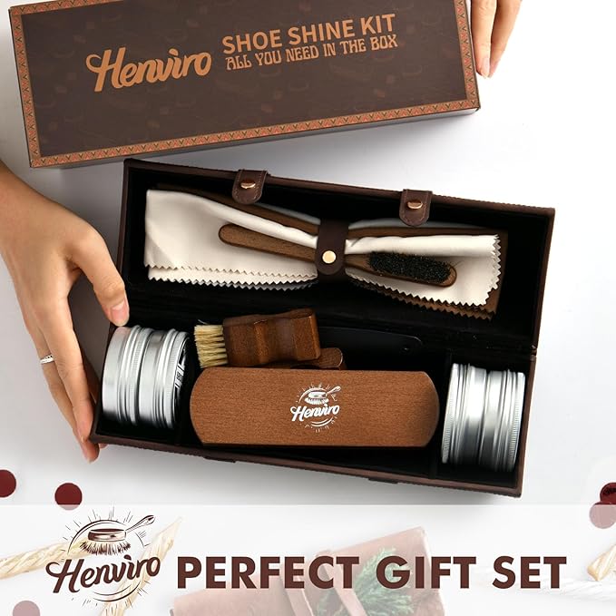 Henviro Leather Shoe Polish Kit - Birthday Gifts for Men, Dad, Shoe Shine Kit, Leather Boot Care Kit, Mens Gifts Ideas