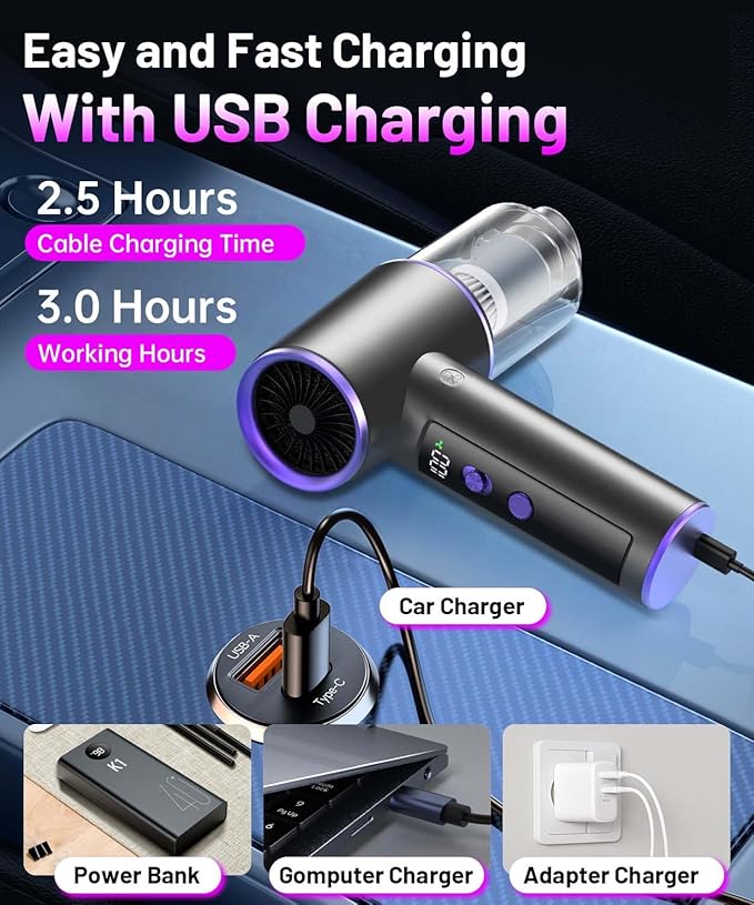 PHIXBEAR Upgrade 4in1 Greenlight Dust Detection Technology Cordless Car Vacuum Cleaner, High Power 15000PA Handheld Vacuum Portable with LED Display, Multi-Nozzles for Car, Home,Office,Camping
