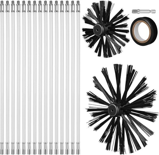 ULTECHNOVO 20ft Dryer Vent Cleaner Kit with 15 Flexible Rods, Us 5/16"-18 Thread Chimney Sweep Kit, 4" & 6" Brush Heads for Lint Removal, Power Drill Attachment Chimney Cleaning Tool for Fire
