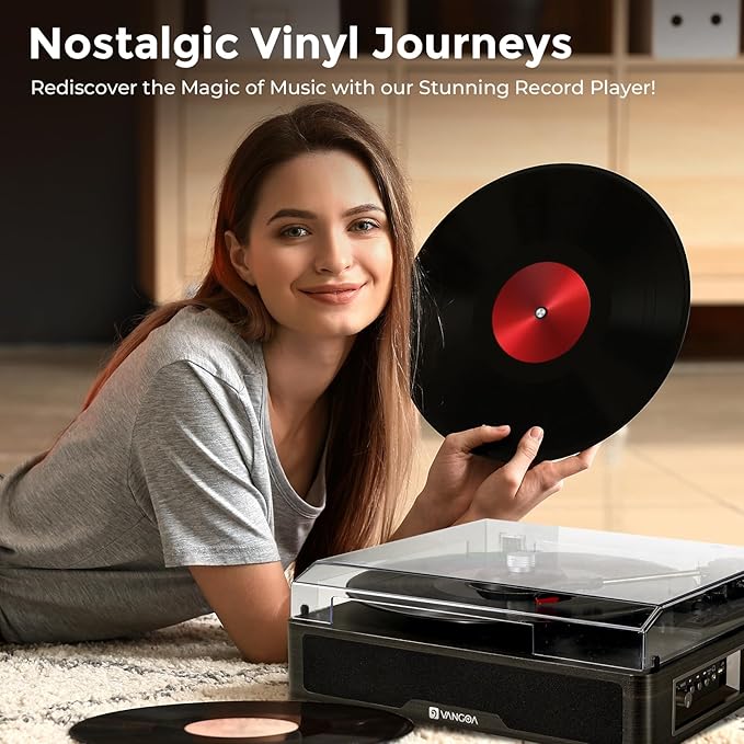Vangoa Vinyl Record Player with Bookshelf Speakers Bluetooth Vintage Turntable for Vinyl Records Belt-Drive 3 Speed Portable LP Players Wooden Vinyl Players Auto Stop with Cleaning Kits, Black