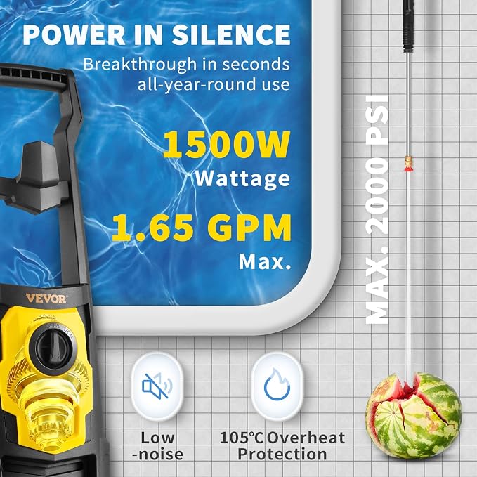 VEVOR Electric Power Washer, 2000 PSI 1.65 GPM, Portable Cleaner with 20ft Hose, Foam Cannon & 4 Nozzles for Cars, Patios, Fences - ETL Listed