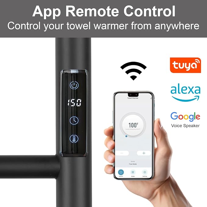 Electric Towel Rack with Voice Control for Alexa & Google Home,TUYA-Wall-Mounted Bathroom Heating Towel Warmer,Stainless Steel Material,31.5x20.08x4.41in,Plug-in,Black,10 Bars
