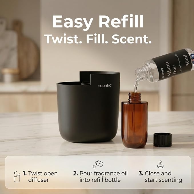 Scentia Waterless Plug-in Scent Diffuser for Home & Office with App Control, Cold-Air Diffuser, 600 Sq Ft Coverage, Hotel-Inspired Essential Oil Blend Included, Housewarming Gift – Scentia, Black