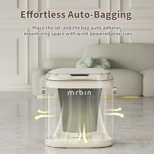 MRBIN Automatic Adsorption Metal Trash Can for Bathroom, Touchless Garbage Bin with Lid, 4.8 Gallon Slim Trash Can for Office and Bedroom, Kitchen Electric Motion Sensor Waste Basket, Cream White