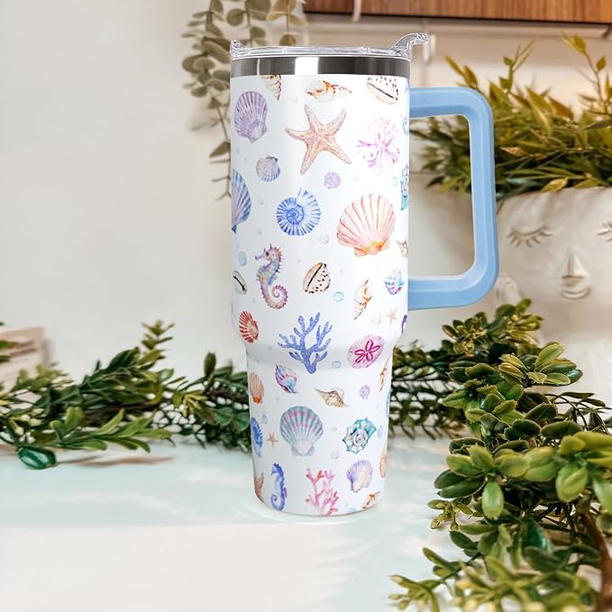 Ceovfoi 40 Oz Rainbow Seashells Tumbler with Handle Lid and Straw,Watercolor Ocean Cup,Water Bottle,Travel Coffee Mug,Hawaiian Rainbow Seashells Decor,Accessorie