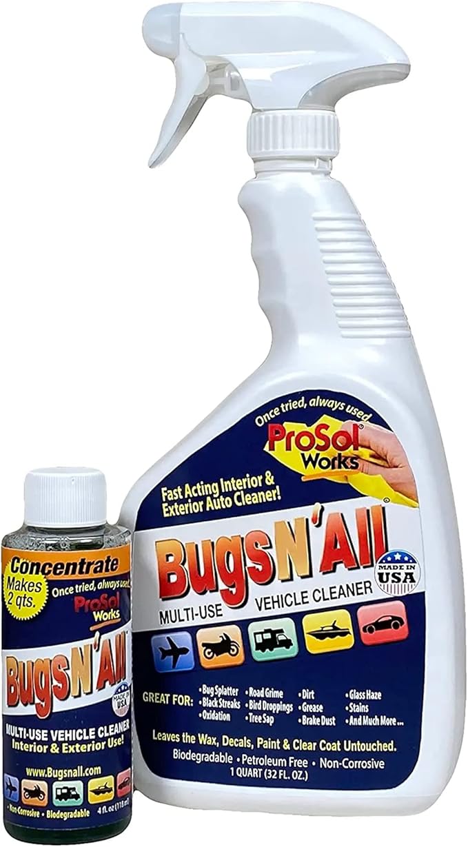 Bugs N' All Multi Surface Cleaner Spray Concentrate 4 oz. w/Empty Cleaning Spray Bottle 32 oz. & Bug Sponge for Car Washing - Mutli-Vehicle Cleaning - Bug & Tar Remover for all Vehicles