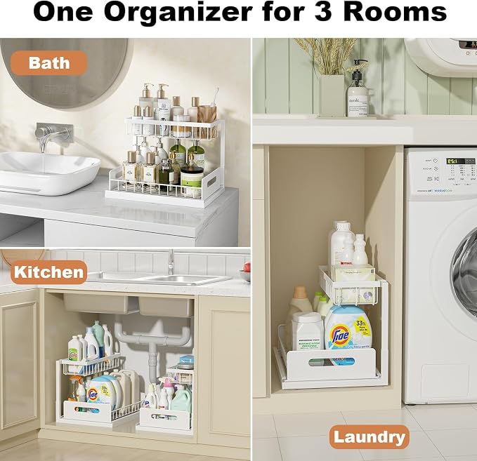 REALINN Under Sink Organizer, Pull Out Cabinet Organizer, 2 Tier Metal Slide Out Shelf with L Shaped Design for Kitchen, Bathroom, Laundry, and Utility Cabinet Storage for Deep Cabinets, White, 2 Pack