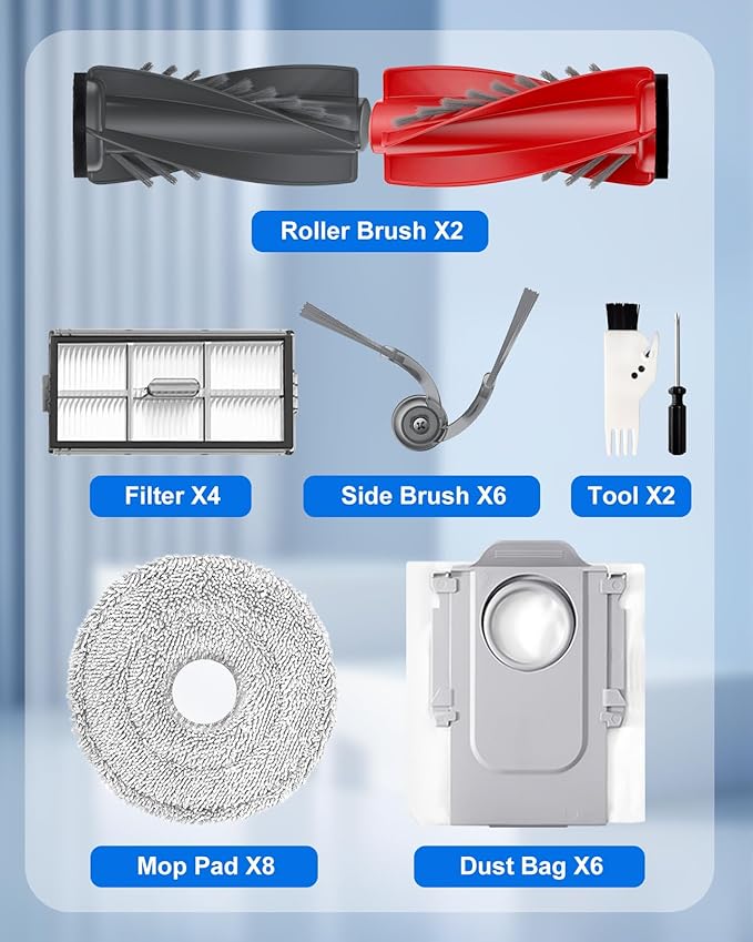 29PCS SAROS 10R Accessories Sets for Roborock SAROS 10R/SAROS 20/Qrevo CurvX/Qrevo Curv 2 Pro, Qrevo CurvX Replacements Kits: 2 Roller Brushes, 8 Mop Pads, 4 Filters, 6 Dust Bags, 6 Side Brushes